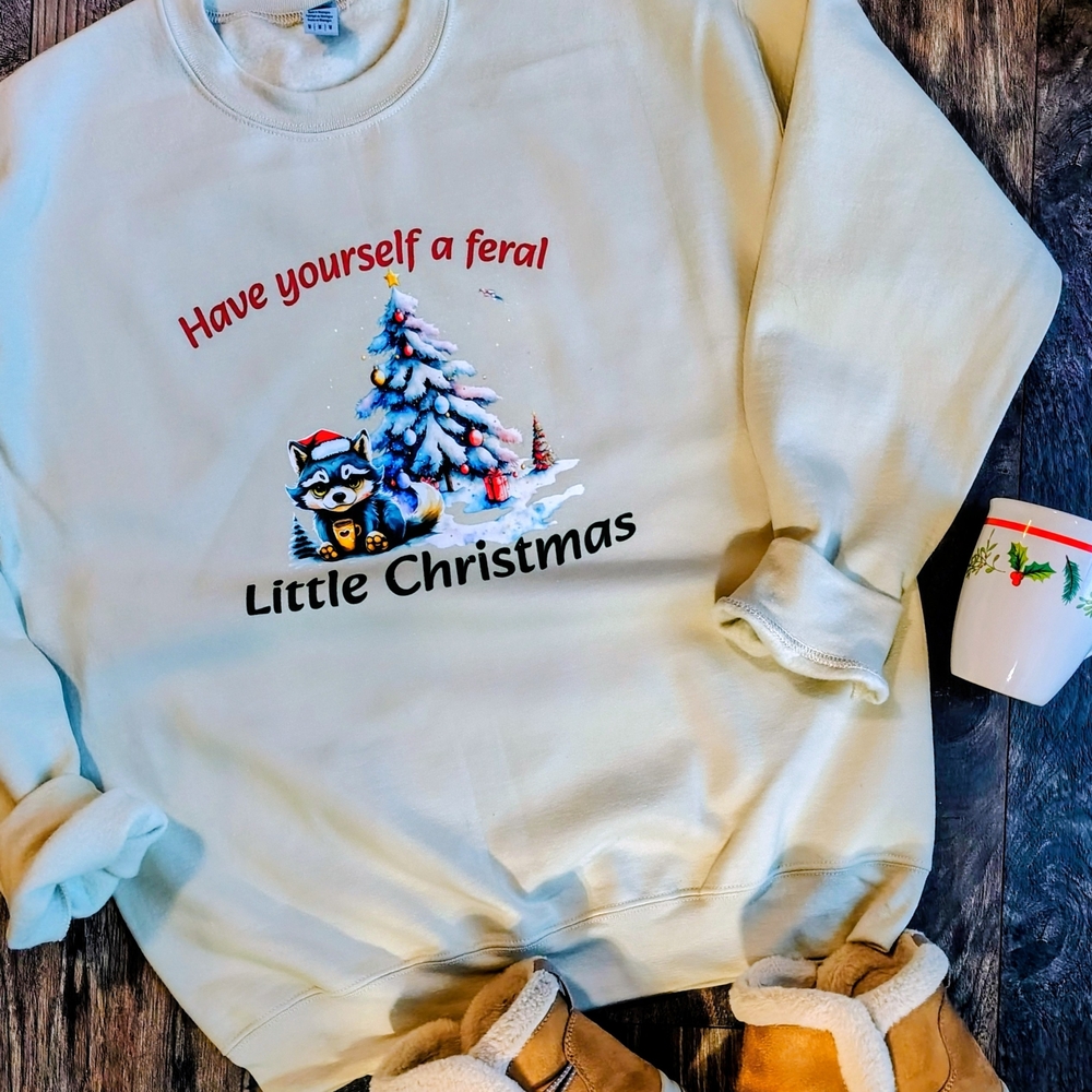 Gildan Cream Holiday Sweatshirt with Festive Raccoon and Tree